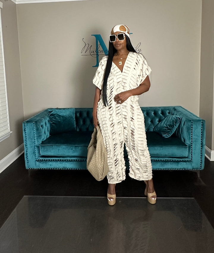 Pre-Order Denim Distressed Harem Romper Cream/Ivory Ships 6/30