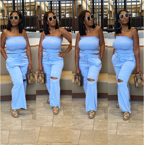 Travel Chic Every Day Split Knee Wide Leg Pants - Spring Blue