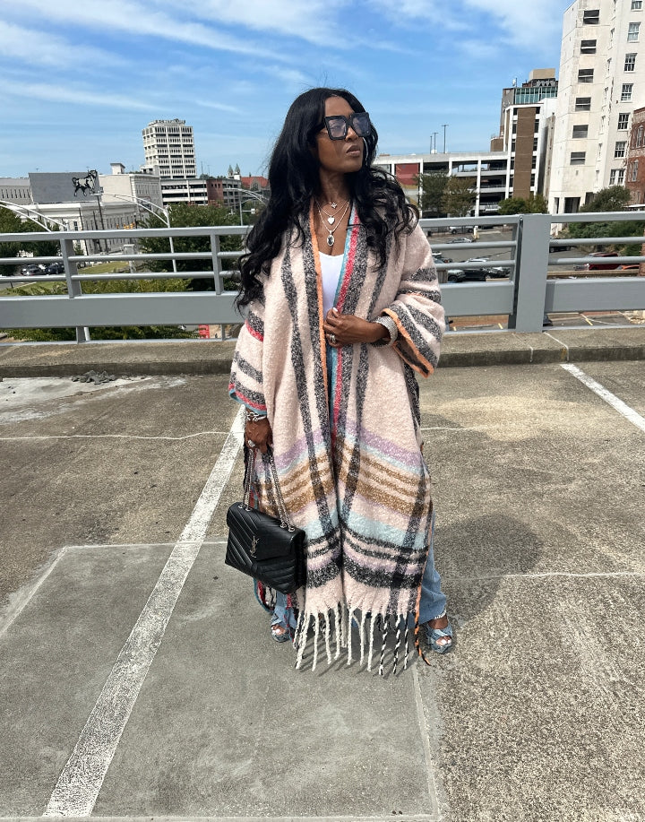 Rich Auntie Winter Open Front Long Kimono - Soft Pink Turquoise Plaid Blend Ships 10/10