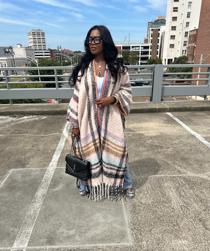 Rich Auntie Winter Open Front Long Kimono - Soft Pink Turquoise Plaid Blend Ships 10/10