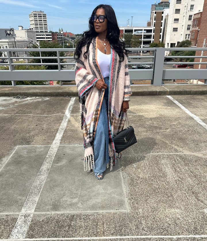 Rich Auntie Winter Open Front Long Kimono - Soft Pink Turquoise Plaid Blend Ships 10/10