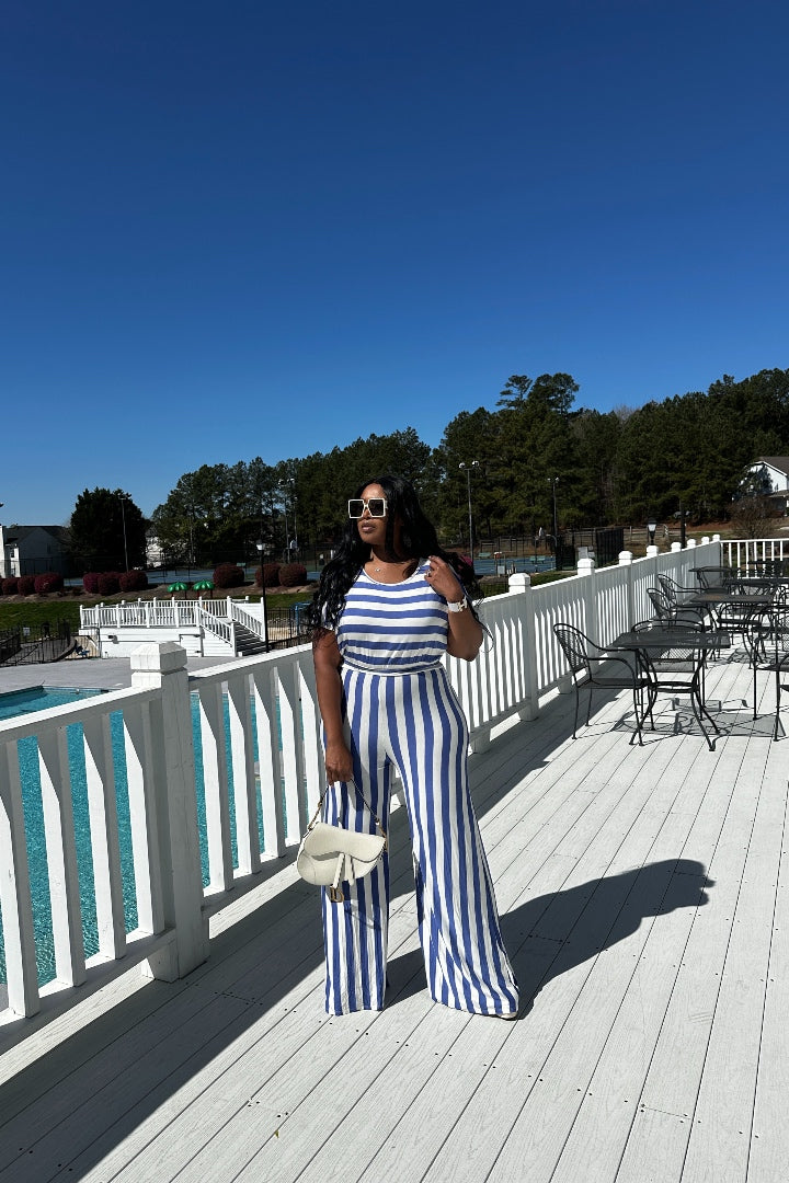 Blue white striped jumpsuit online