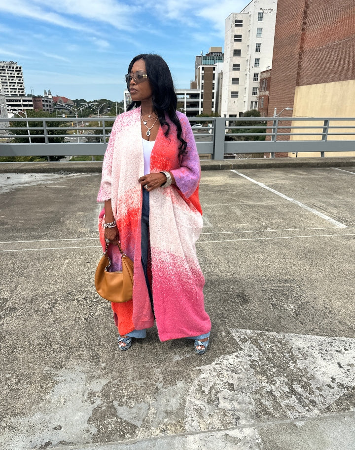 Ombre Open Front Long Cardigan Coat Red Pink Purple Blend Ships 10/10