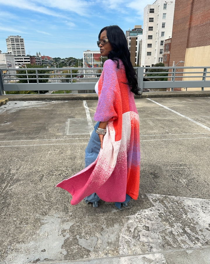 Ombre Open Front Long Cardigan Coat Red Pink Purple Blend Ships 10/10