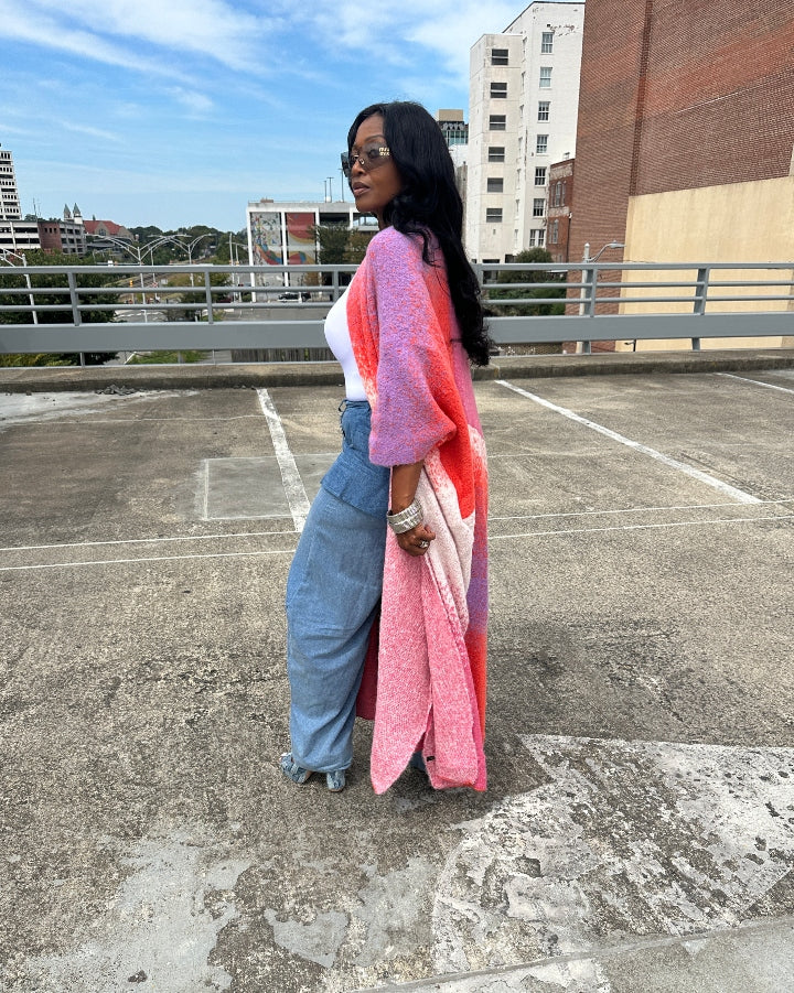 Ombre Open Front Long Cardigan Coat Red Pink Purple Blend Ships 10/10