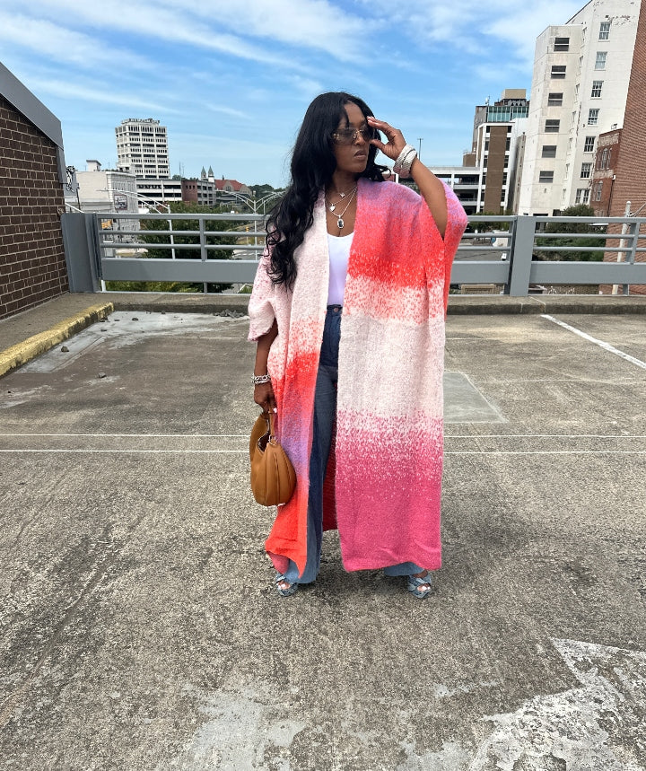 Ombre Open Front Long Cardigan Coat Red Pink Purple Blend Ships 10/10