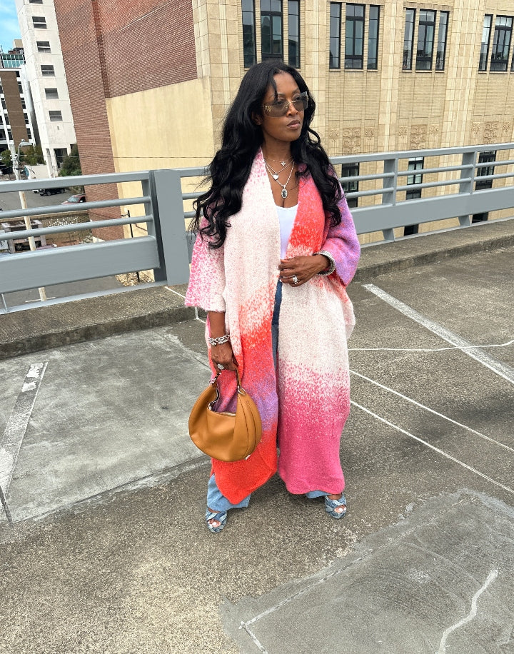 Ombre Open Front Long Cardigan Coat Red Pink Purple Blend Ships 10/10