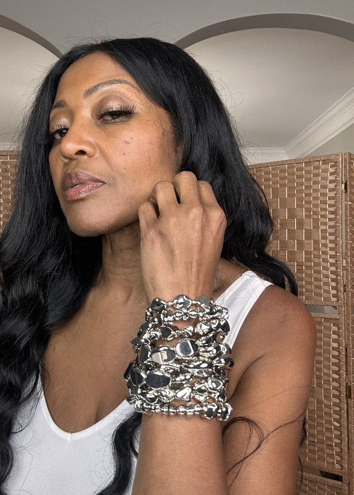 Halo Stretch Seed  Bracelet Set - Sliver