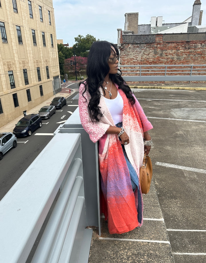 Ombre Open Front Long Cardigan Coat Red Pink Purple Blend Ships 10/10
