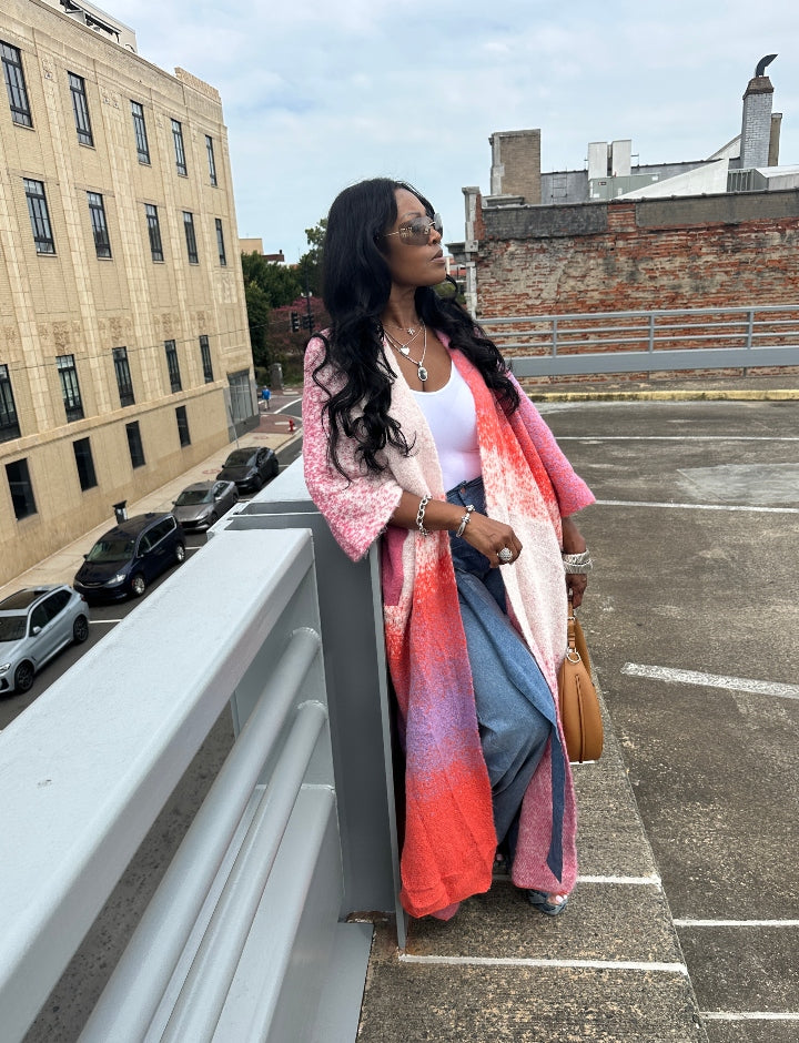 Ombre Open Front Long Cardigan Coat Red Pink Purple Blend Ships 10/10