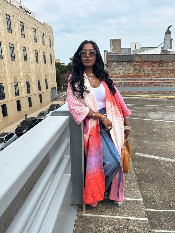 Ombre Open Front Long Cardigan Coat Red Pink Purple Blend Ships 10/10