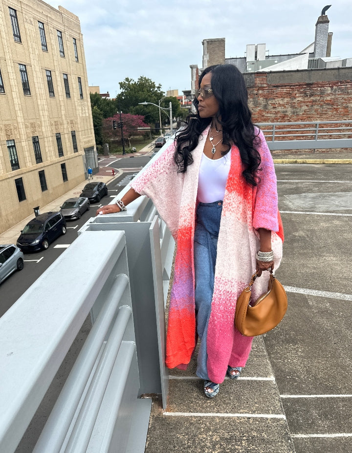 Ombre Open Front Long Cardigan Coat Red Pink Purple Blend Ships 10/10