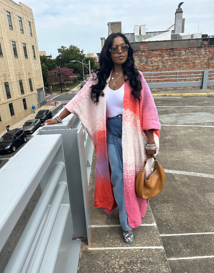 Ombre Open Front Long Cardigan Coat Red Pink Purple Blend Ships 10/10