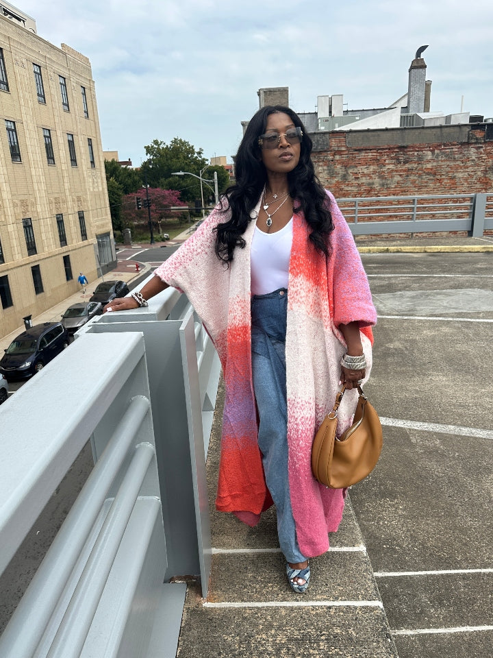 Ombre Open Front Long Cardigan Coat Red Pink Purple Blend Ships 10/10