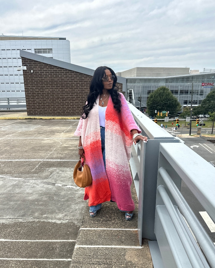 Ombre Open Front Long Cardigan Coat Red Pink Purple Blend Ships 10/10