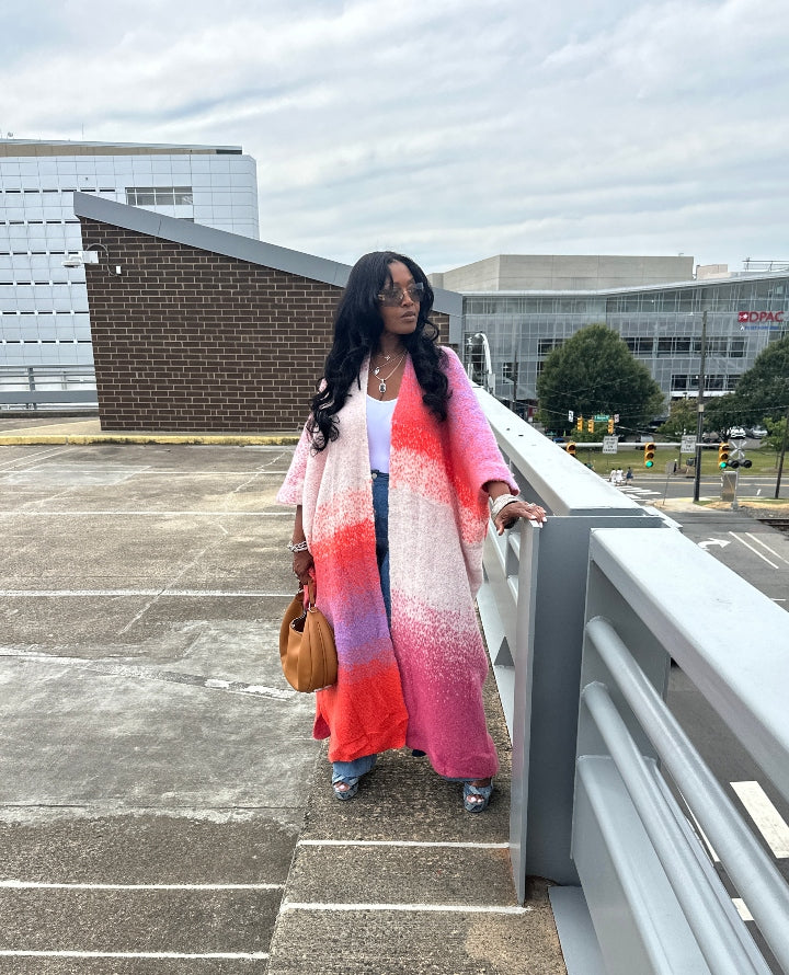 Ombre Open Front Long Cardigan Coat Red Pink Purple Blend Ships 10/10