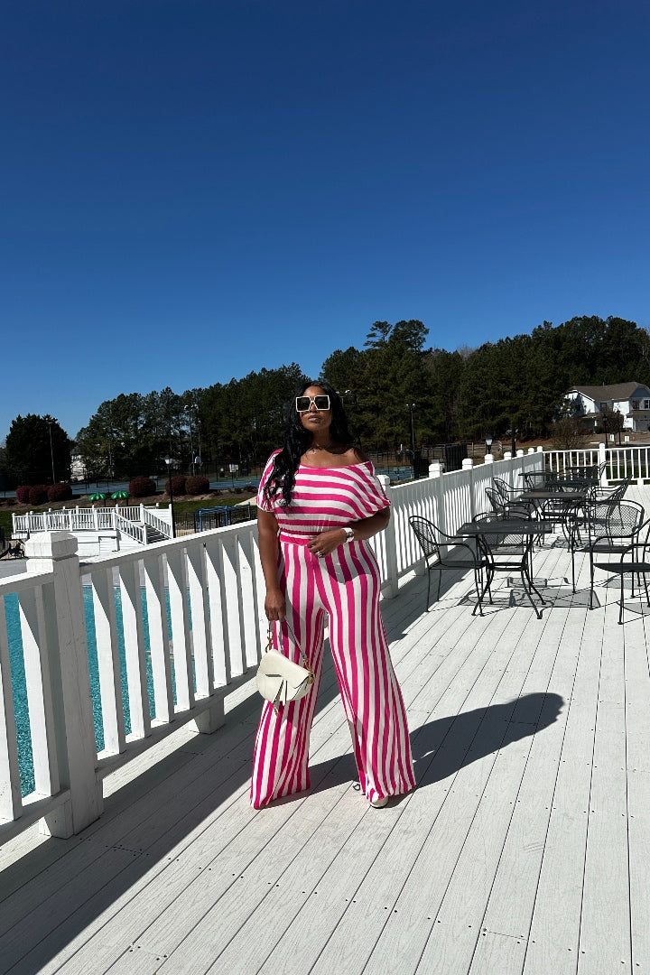 All Diva Things Fuchsia and White Striped Flowy Wide Leg Jumpsuit S