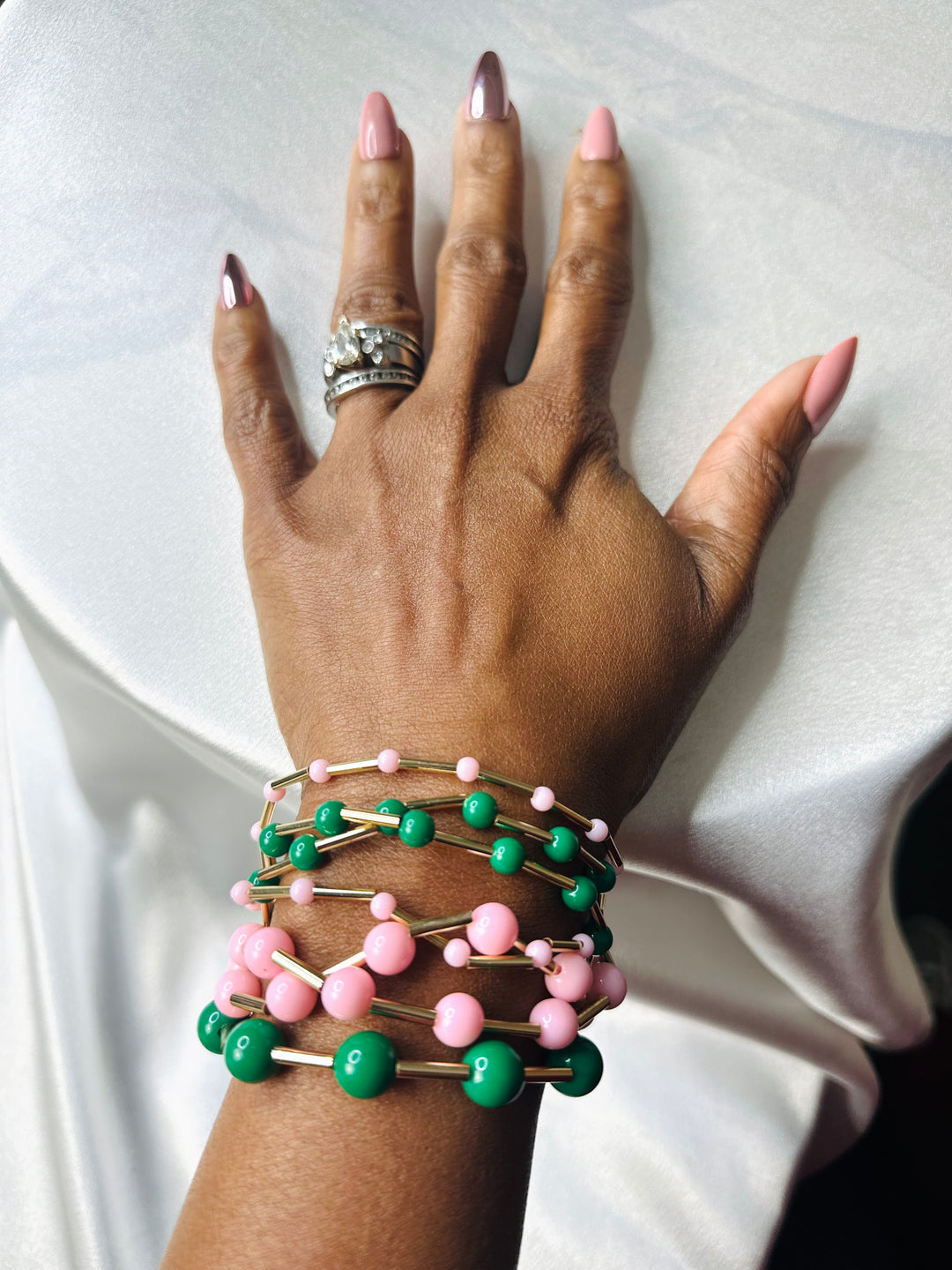 Halo Stretch Stacked Bracelet Set - Pink and Green