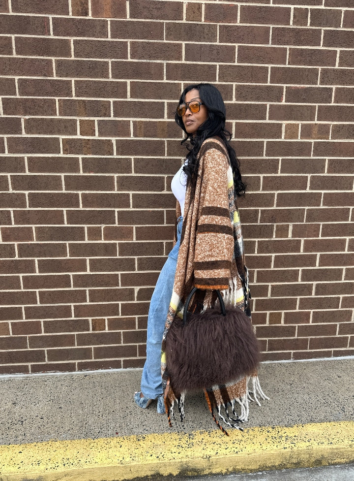 Rich Auntie Winter Open Front Long Kimono - Chocolate Brown Plaid