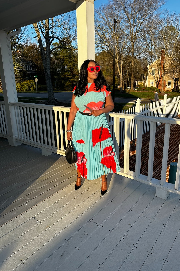 Brunch on a Sunday  2 pc pleated A line skirt set - Red Turquose Black Floral Blend