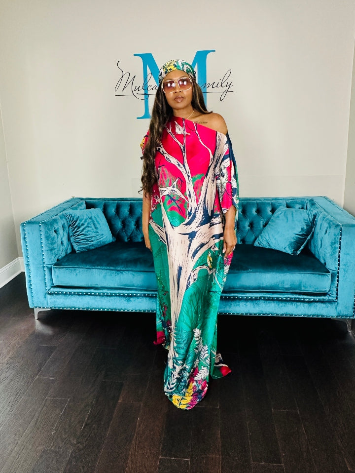 Vacation Vibes Kaftan Maxi Dress with Matching Scarf  -  Hot Pink Green Pink Blend Ships 6/19