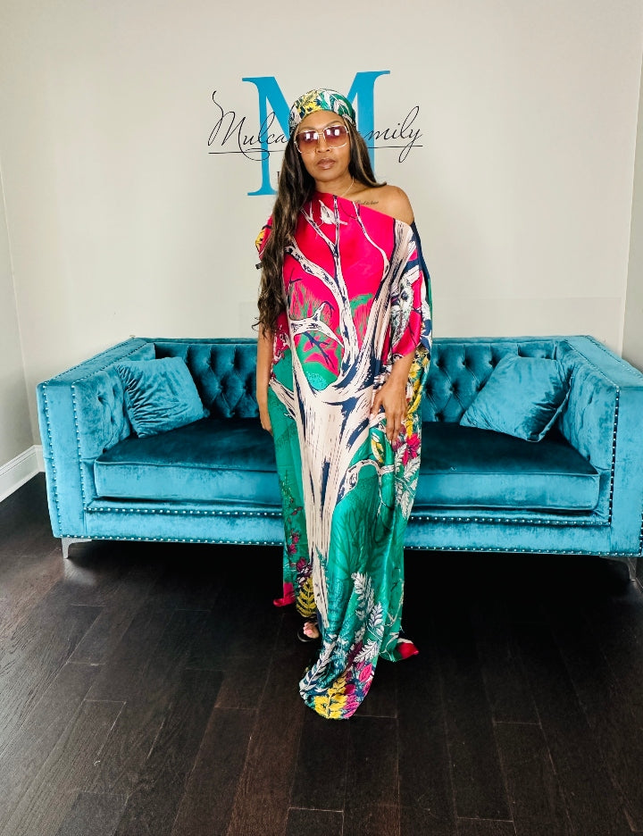 Vacation Vibes Kaftan Maxi Dress with Matching Scarf  -  Hot Pink Green Pink Blend Ships 6/19