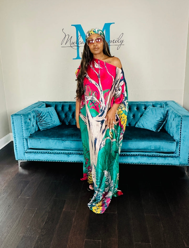 Vacation Vibes Kaftan Maxi Dress with Matching Scarf  -  Hot Pink Green Pink Blend Ships 6/19