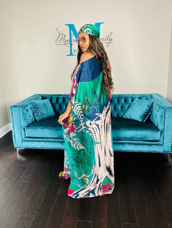 Vacation Vibes Kaftan Maxi Dress with Matching Scarf  -  Hot Pink Green Pink Blend Ships 6/19