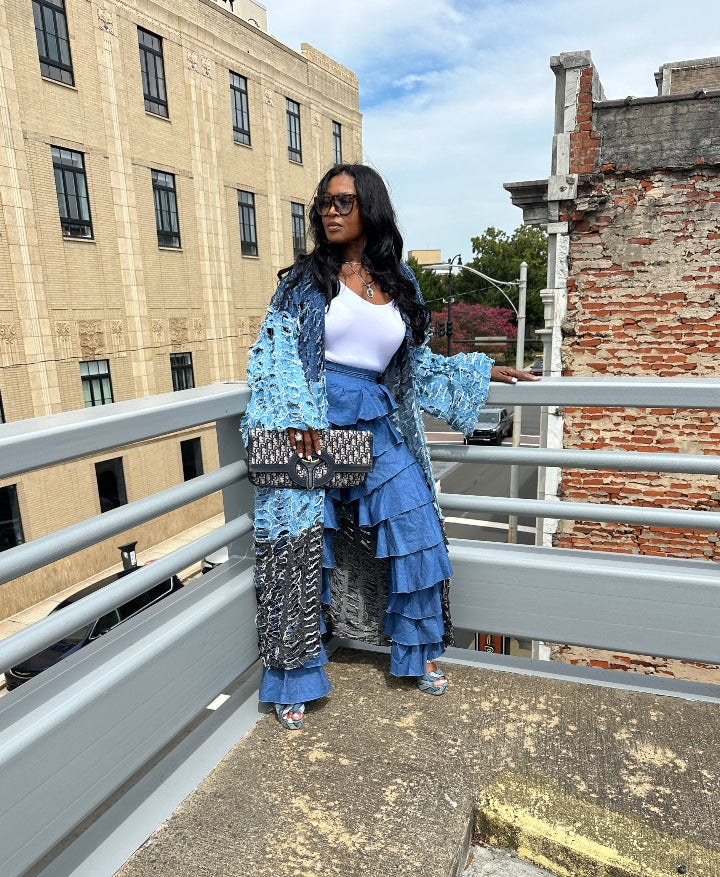 Trio Denim Distressed Cut Out  Open Front Long Cardigan -Black, Dark Denim, Medium Denim Blue Denim Combo Ships 10/17