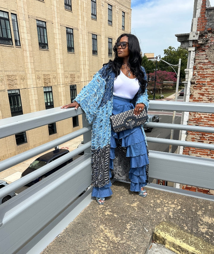 Trio Denim Distressed Cut Out  Open Front Long Cardigan -Black, Dark Denim, Medium Denim Blue Denim Combo Ships 10/17