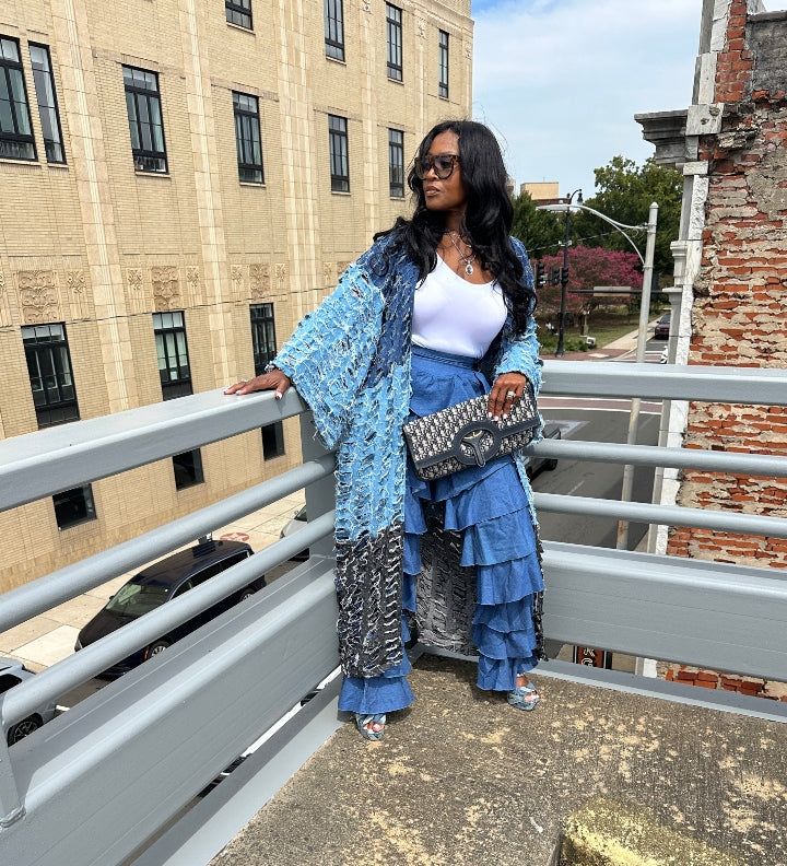 Trio Denim Distressed Cut Out  Open Front Long Cardigan -Black, Dark Denim, Medium Denim Blue Denim Combo Ships 10/17