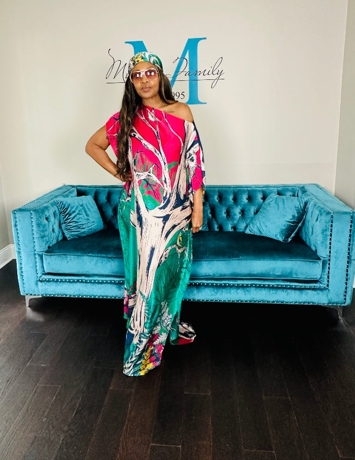 Vacation Vibes Kaftan Maxi Dress with Matching Scarf  -  Hot Pink Green Pink Blend Ships 6/19