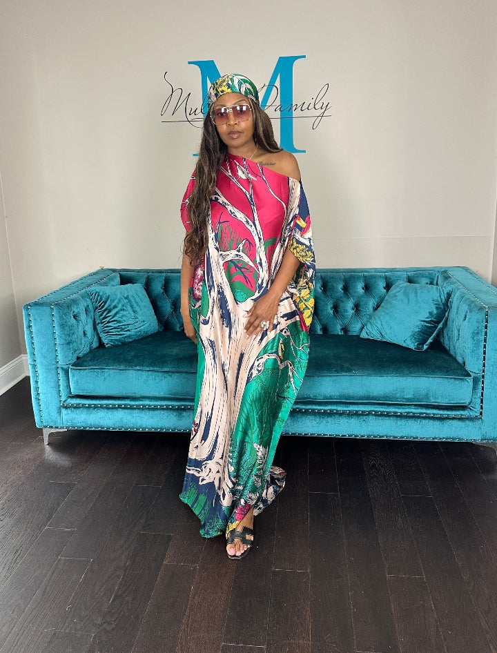 Vacation Vibes Kaftan Maxi Dress with Matching Scarf  -  Hot Pink Green Pink Blend Ships 6/19
