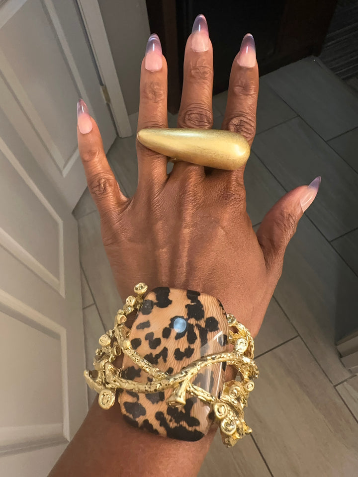 Bold Sculpted Leopard Hinged Bangle Bracelet