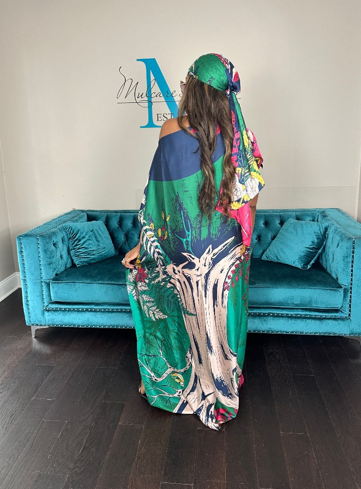 Vacation Vibes Kaftan Maxi Dress with Matching Scarf  -  Hot Pink Green Pink Blend Ships 6/19
