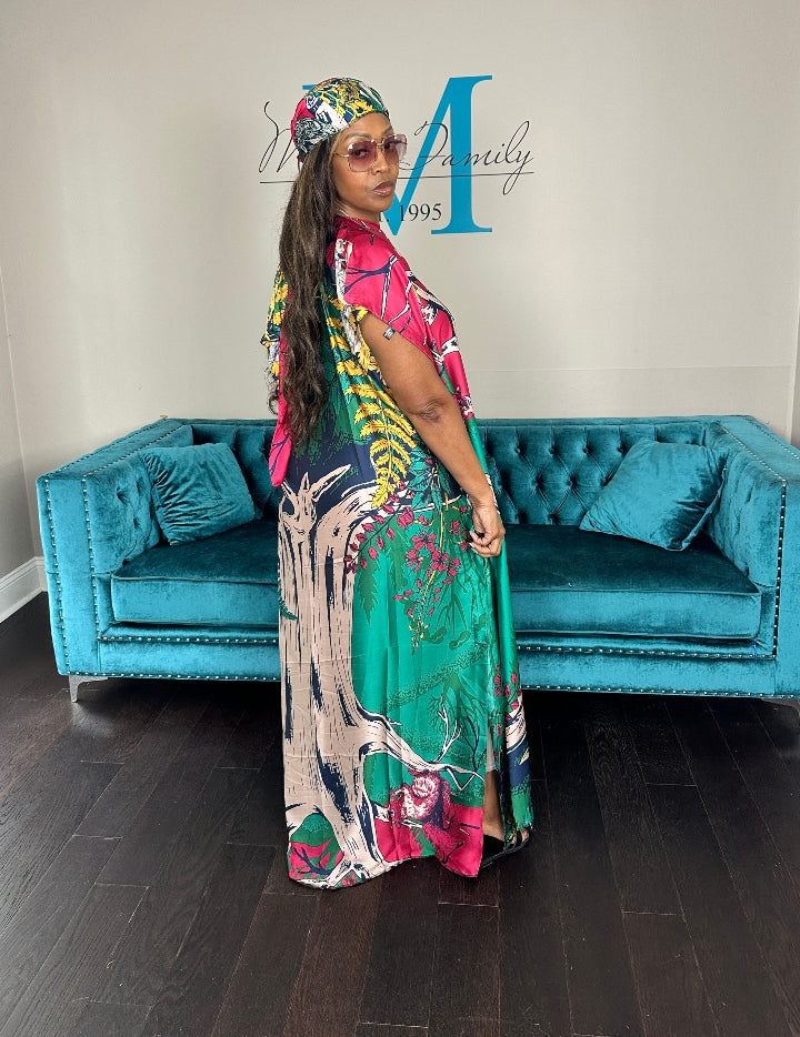 Vacation Vibes Kaftan Maxi Dress with Matching Scarf  -  Hot Pink Green Pink Blend Ships 6/19
