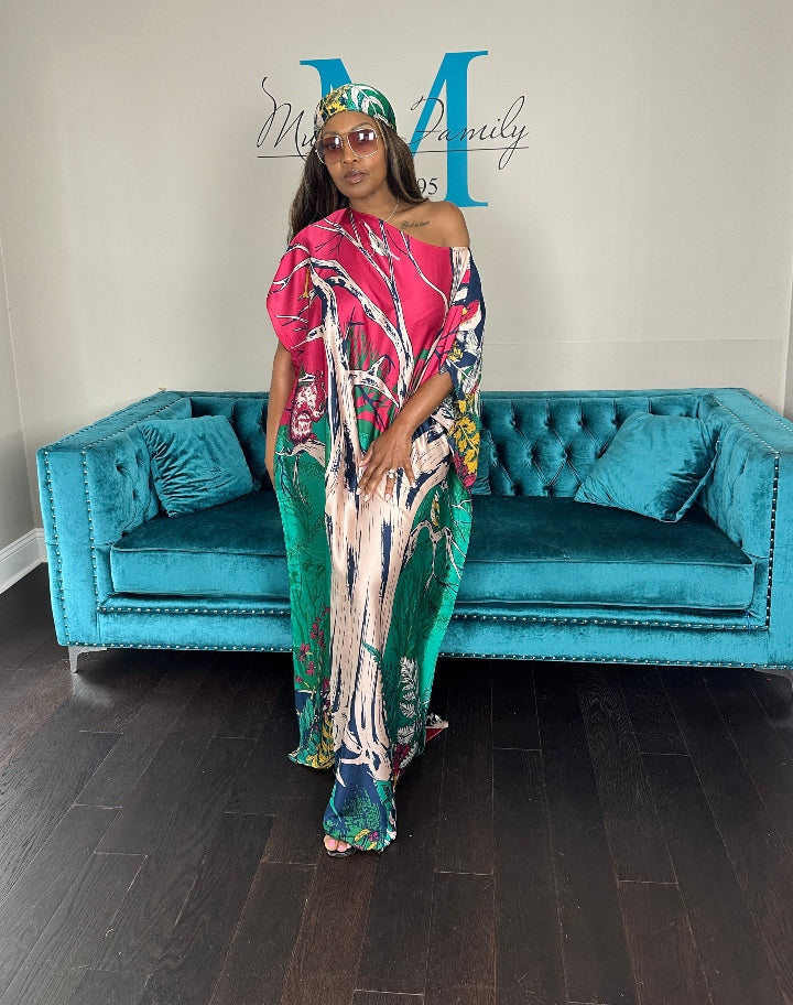 Vacation Vibes Kaftan Maxi Dress with Matching Scarf  -  Hot Pink Green Pink Blend Ships 6/19