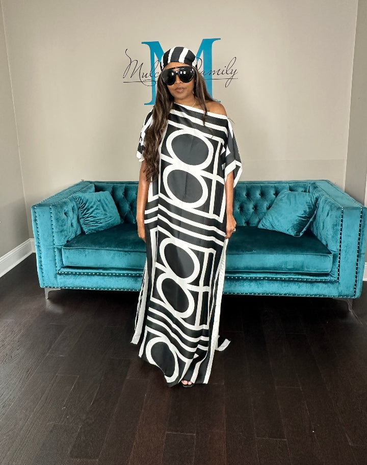 Vacation Vibes Kaftan Maxi Dress with Matching Scarf  -  Black and White Blend