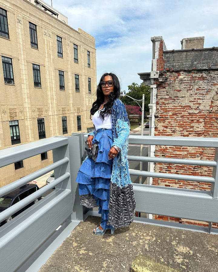 Trio Denim Distressed Cut Out  Open Front Long Cardigan -Black, Dark Denim, Medium Denim Blue Denim Combo Ships 10/17