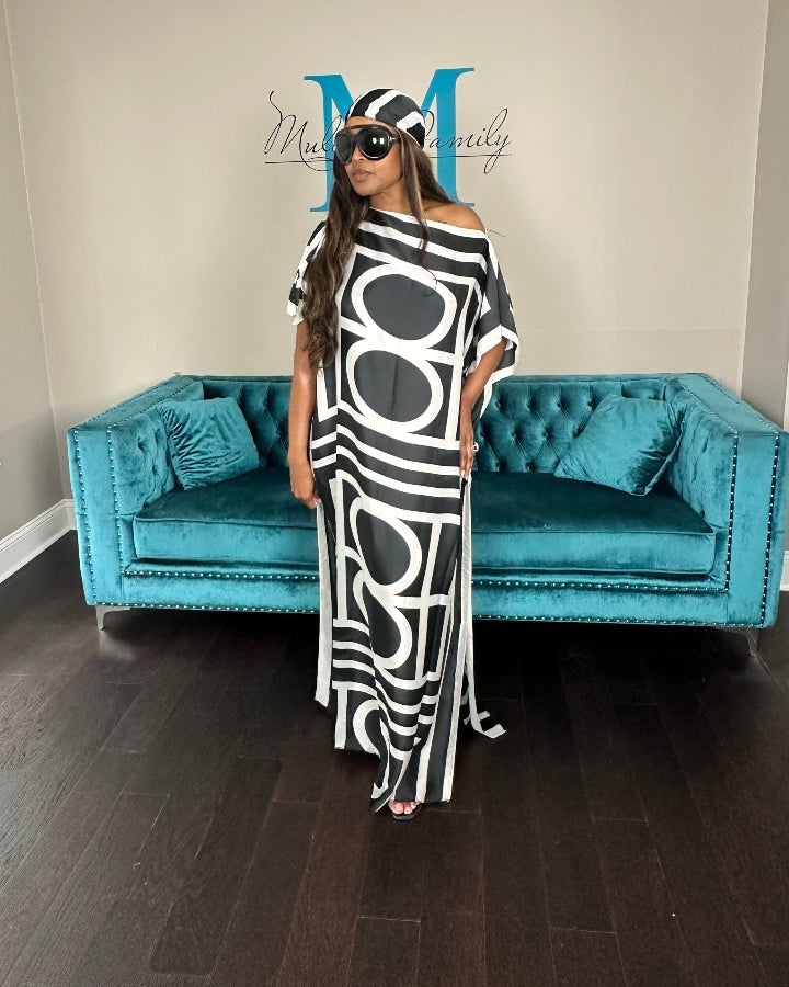 Vacation Vibes Kaftan Maxi Dress with Matching Scarf  -  Black and White Blend