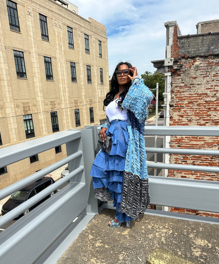 Trio Denim Distressed Cut Out  Open Front Long Cardigan -Black, Dark Denim, Medium Denim Blue Denim Combo Ships 10/17
