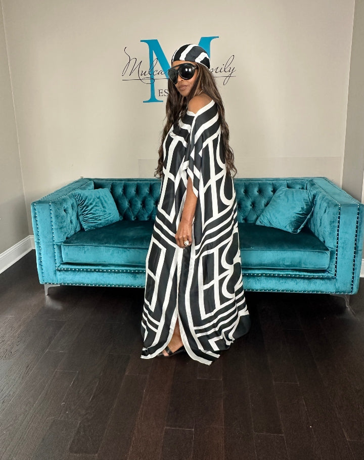 Vacation Vibes Kaftan Maxi Dress with Matching Scarf  -  Black and White Blend