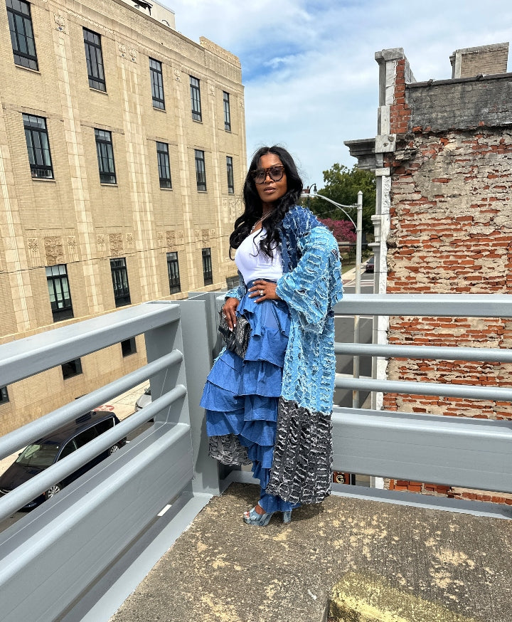 Trio Denim Distressed Cut Out  Open Front Long Cardigan -Black, Dark Denim, Medium Denim Blue Denim Combo Ships 10/17