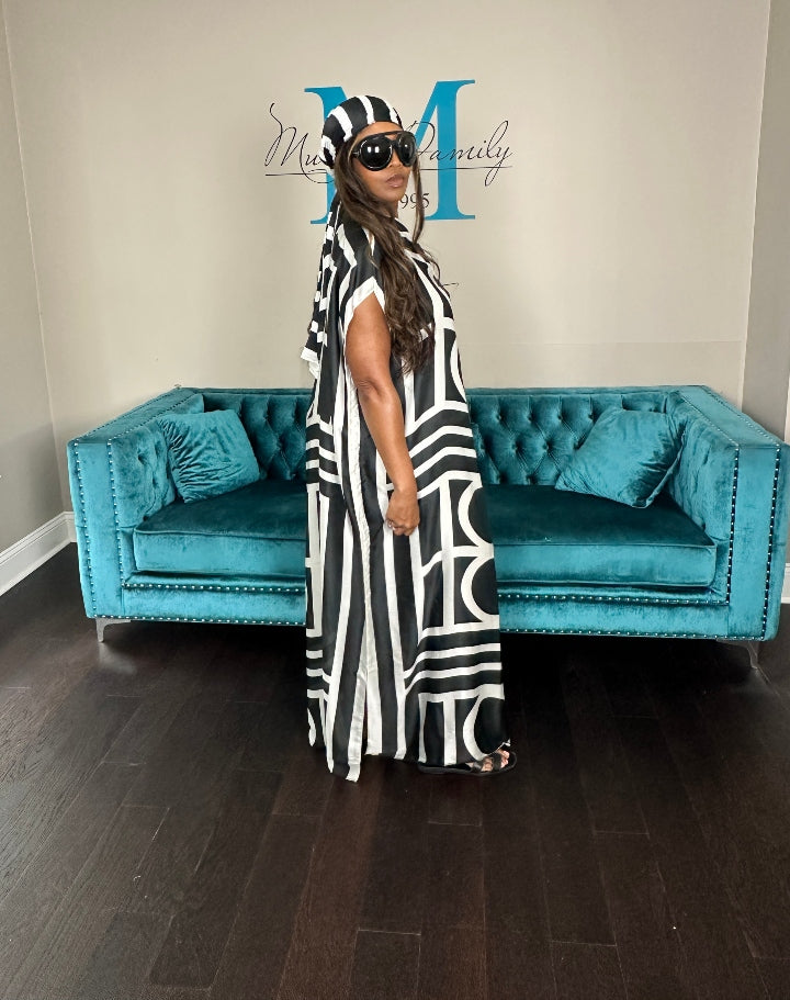 Vacation Vibes Kaftan Maxi Dress with Matching Scarf  -  Black and White Blend