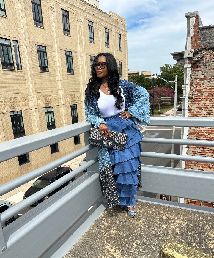 Trio Denim Distressed Cut Out  Open Front Long Cardigan -Black, Dark Denim, Medium Denim Blue Denim Combo Ships 10/17