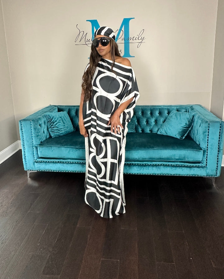 Vacation Vibes Kaftan Maxi Dress with Matching Scarf  -  Black and White Blend
