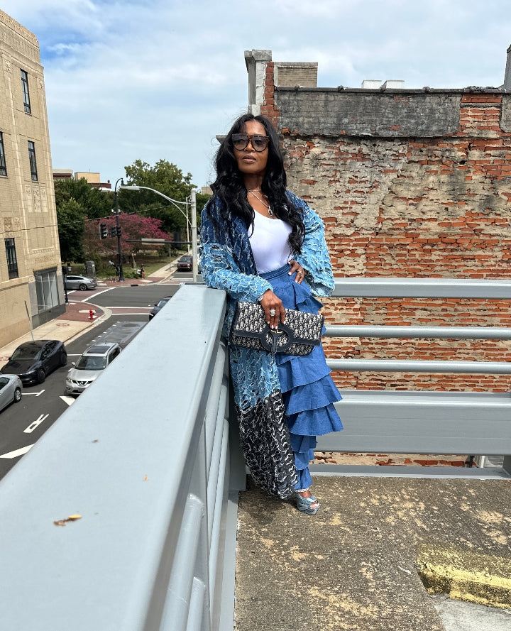 Trio Denim Distressed Cut Out  Open Front Long Cardigan -Black, Dark Denim, Medium Denim Blue Denim Combo Ships 10/17