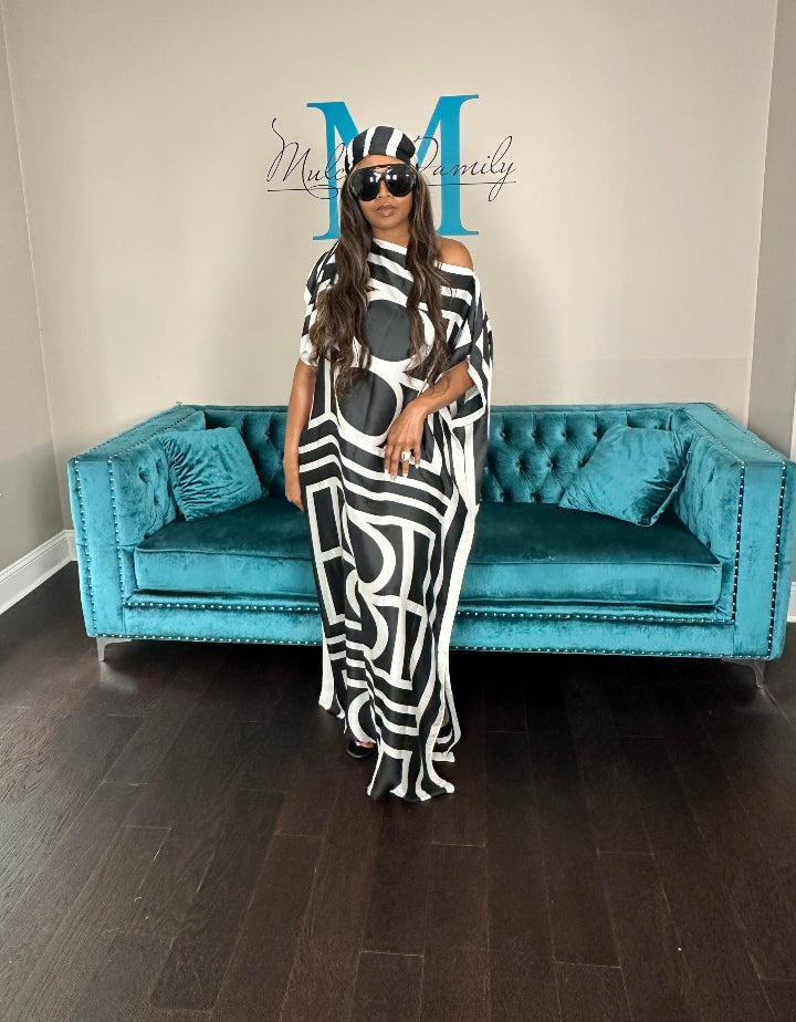 Vacation Vibes Kaftan Maxi Dress with Matching Scarf  -  Black and White Blend