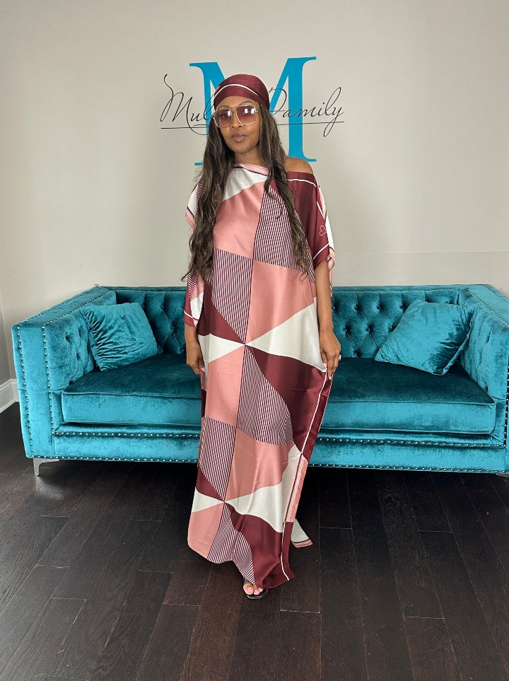 Vacation Vibes Kaftan Maxi Dress with Matching Scarf  -  Burgundy Pink Cream Blend