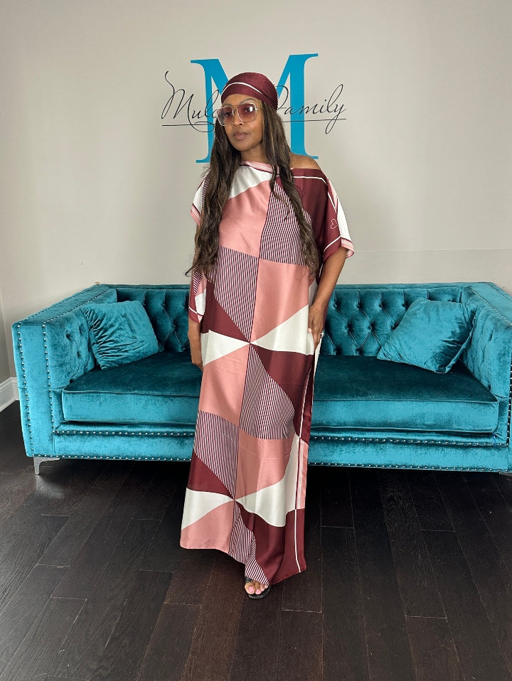 Vacation Vibes Kaftan Maxi Dress with Matching Scarf  -  Burgundy Pink Cream Blend